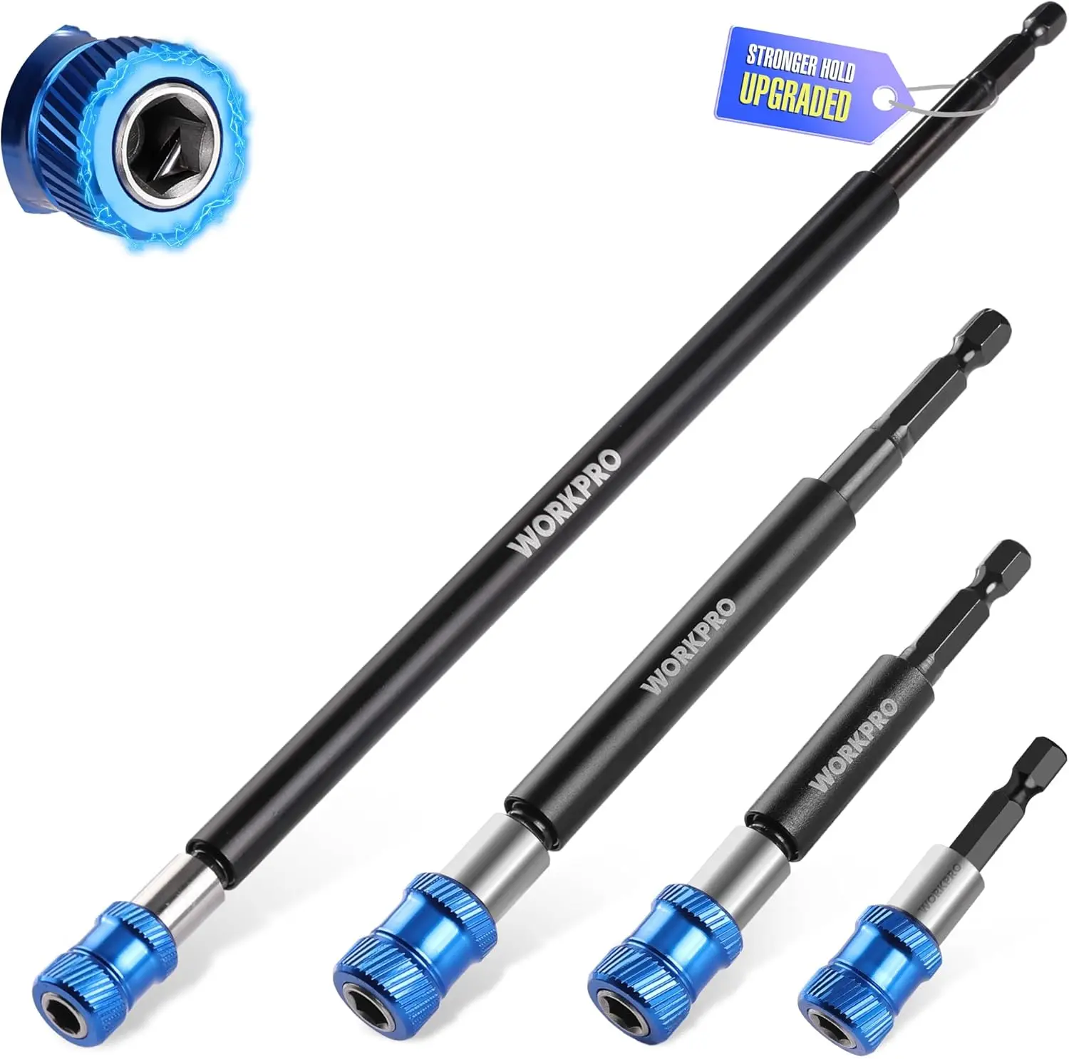 

WORKPRO Drill Bit Extension Set, 4Pcs Magnetic Drill Screwdriver Bit Holder Extender with Aluminum Sleeve, 1/4 Inch Hex Quick Release Bit Holder for Drill in 2-3/8", 4", 6", 12"