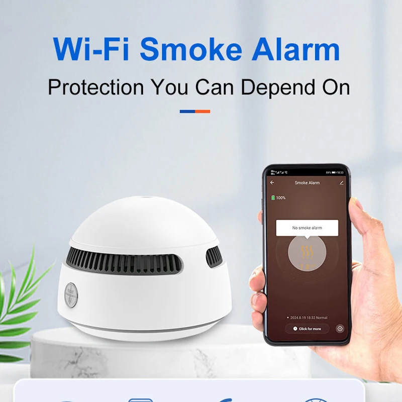 PGST TUYA WiFi 煙探知機、火災警報セキュリティ煙センサー、スマートホームセキュリティ警報、モバイル APP 表示