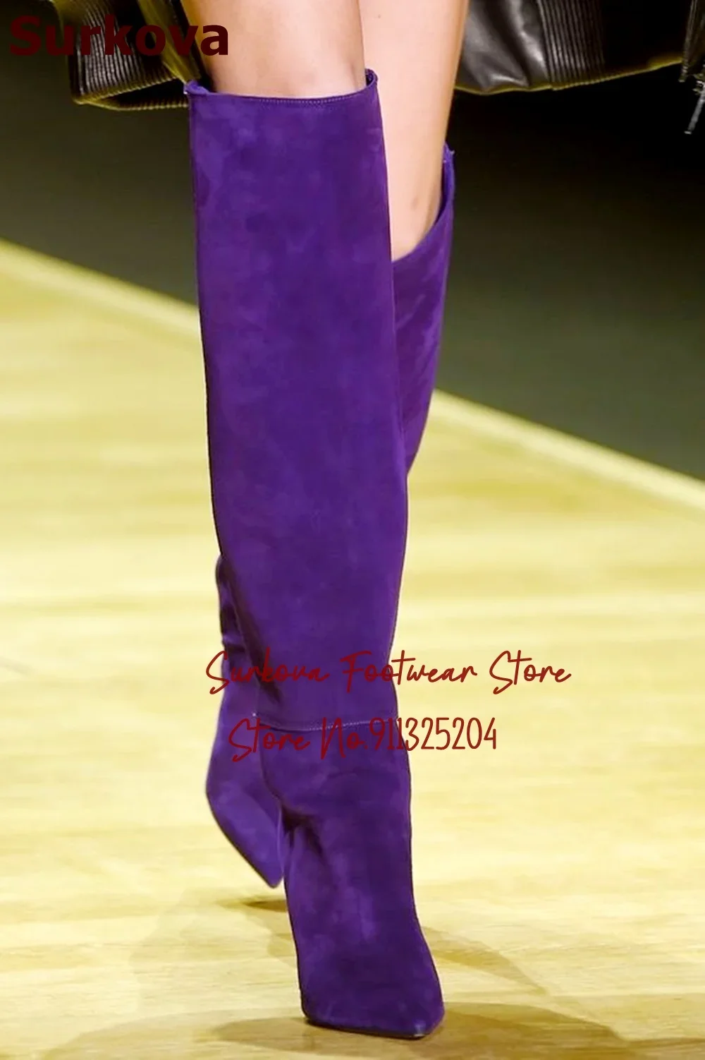 

Surkova Purple Turquoise Suede Chunky Heel Boots Pointed Toe Block Heels Over The Knee Dress Shoes Sexy Nightclub Footwear