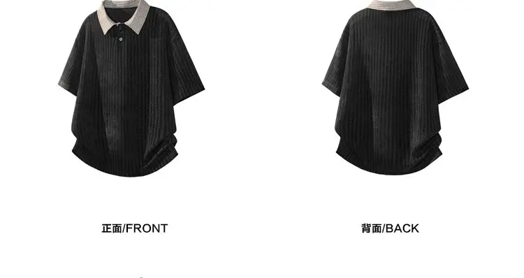 Herren-Poloshirt mit strukturierter Strickoptik, kurzen Ärmeln, kontrastierendem Kragen und Oversize-Schnitt, geeignet für Urlaub, Dates und Freizeitaktivitäten. – Detail 7