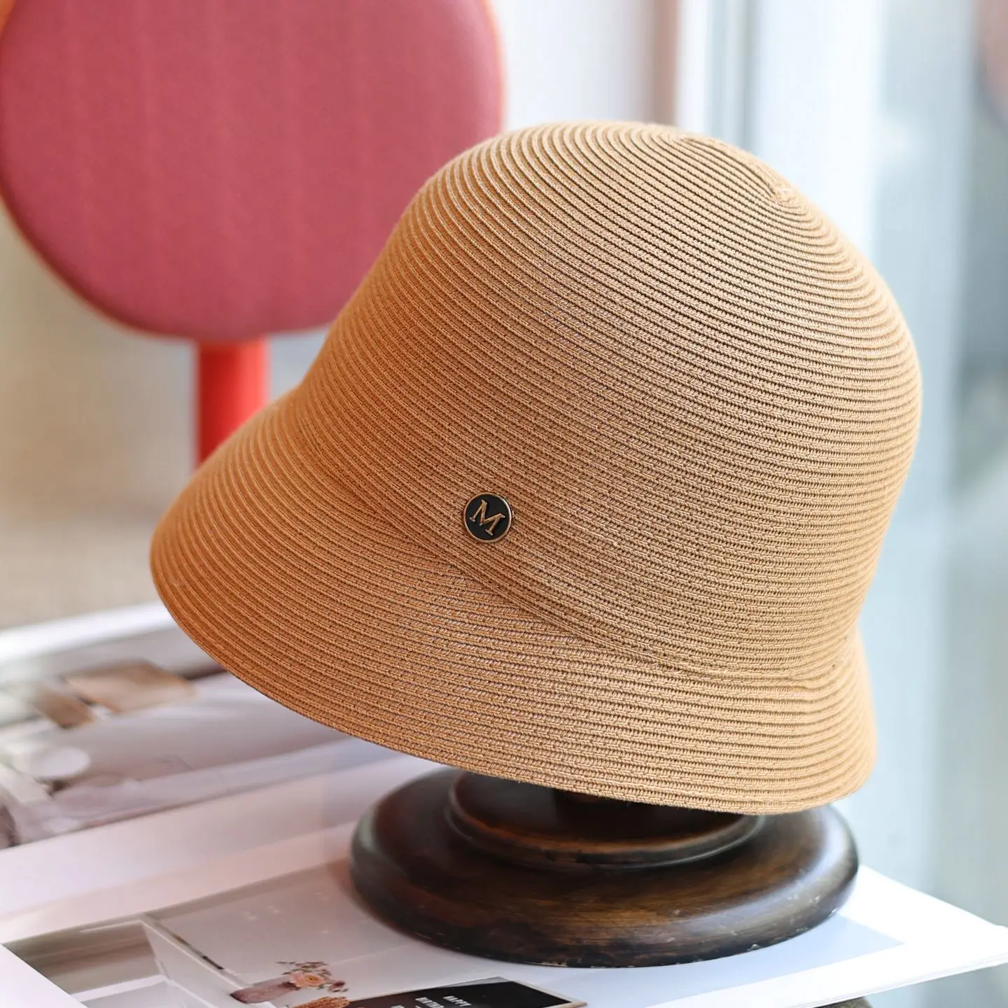 Japanese Simple Small Brim M Logo Braided Casual Fisherman Hat, Spring Summer Versatile Sun Hat Slim Face