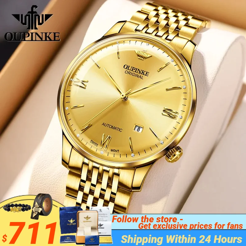 

OUPINKE 3269 Original Brand Watches for Men Full Gold Dress High end Swiss Movement Automatic Mechanical Wristwatches Man