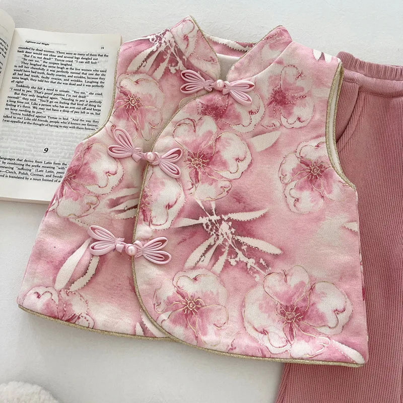 

Children's Set New Winter Girl Baby New Chinese Style Embroidered Fleece Sleeveless Vest Lace Long Pants Two-Piece Set