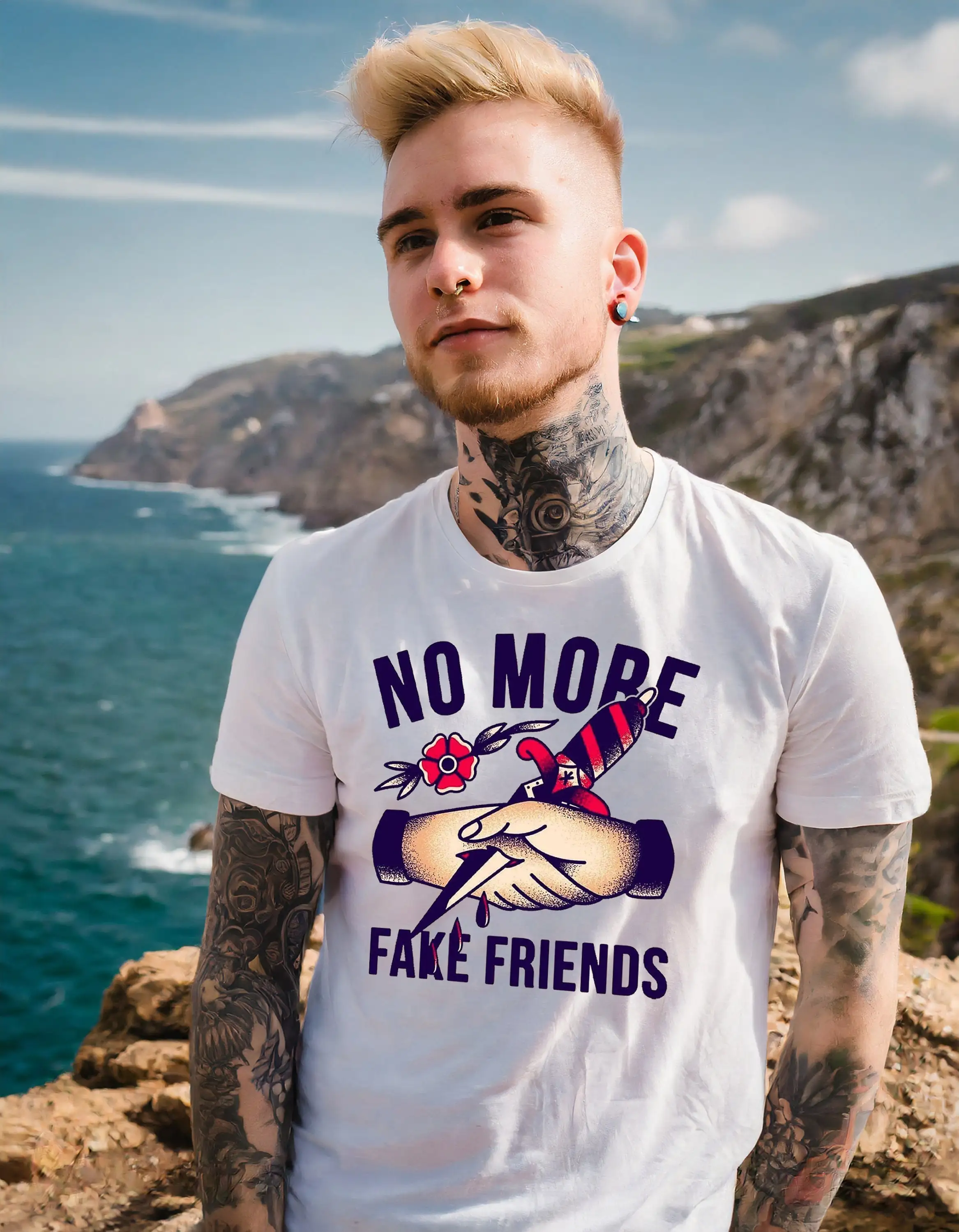 No more Fake Friends T Shirt white Oldschool Newschool Tattoo design Loyalty Friendship Christmas Crewneck