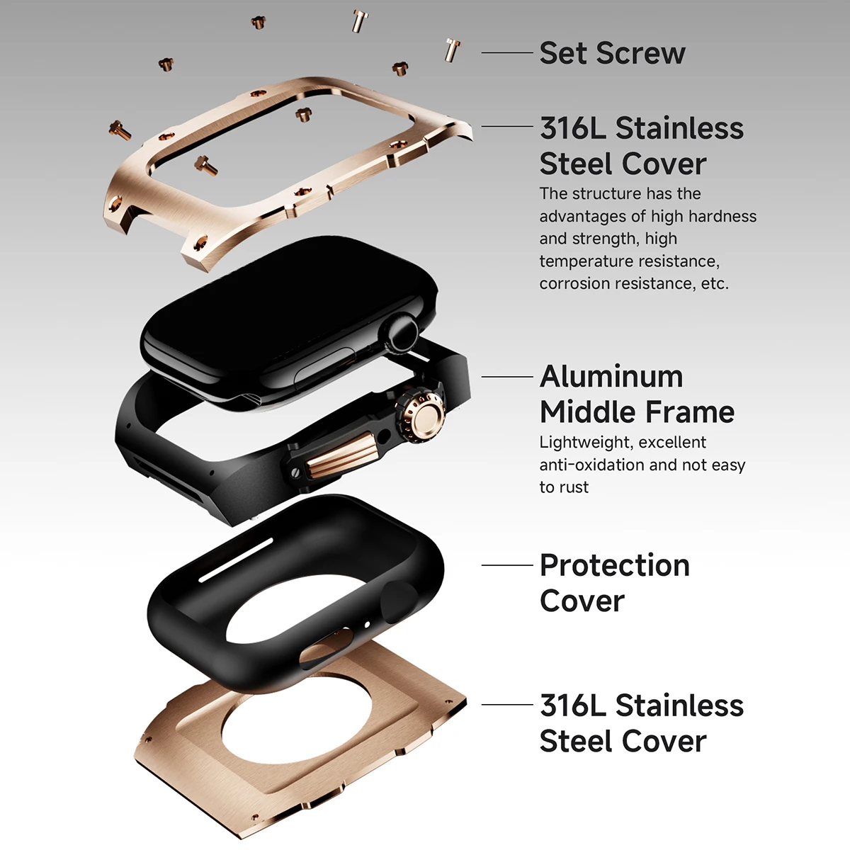 Kit de modificação de luxo para apple watch série 10 46mm 316l aço inoxidável protetor caso pulseira de borracha iwatch banda acessórios