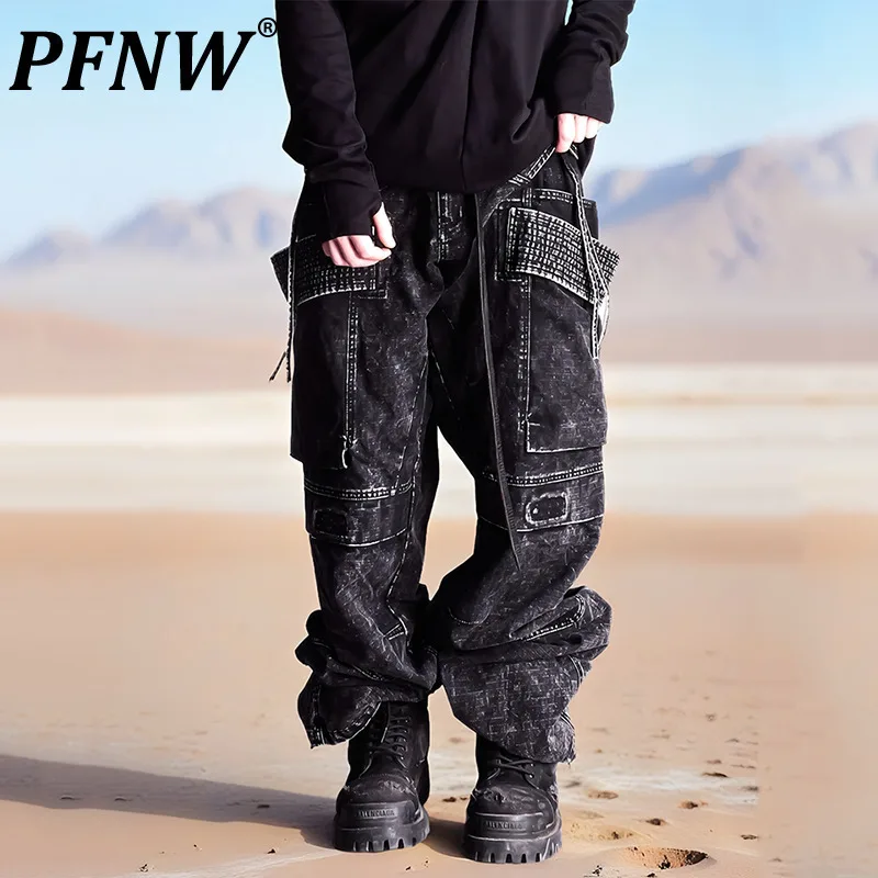 PFNW High Quality Washed Distressed Wide Leg Cargo Pants Men's Darkwear Trend Loose Straight Adjustable Waist Trousers 12C2204