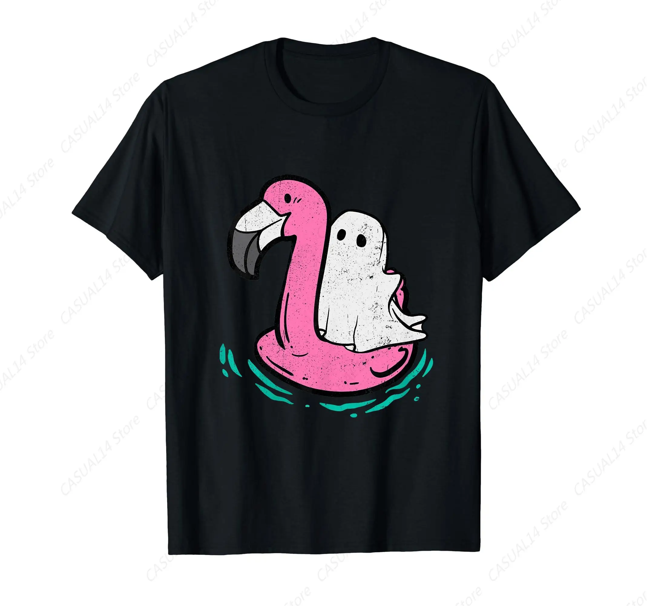 

Funny Flamingo Ghost Cute T-Shirt Swimming Pool Short Sleeve Cotton Unisex