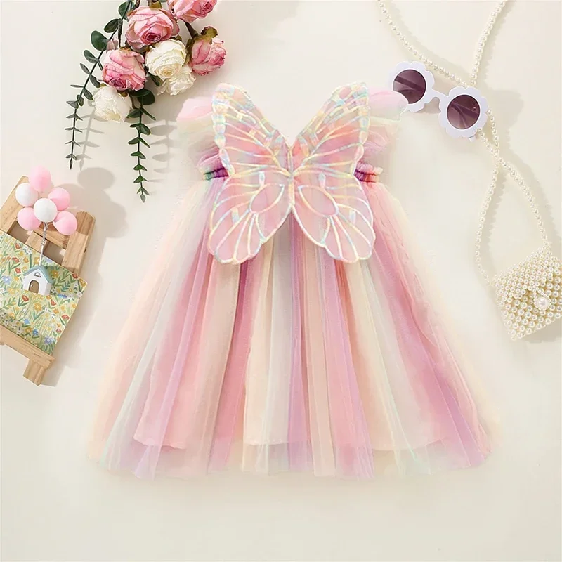 Baby Girls Gradient Rainbow Tulle Sling Dress Back Butterfly Mesh Vestido Vintage Children Wedding Birthday Party Princess Dress