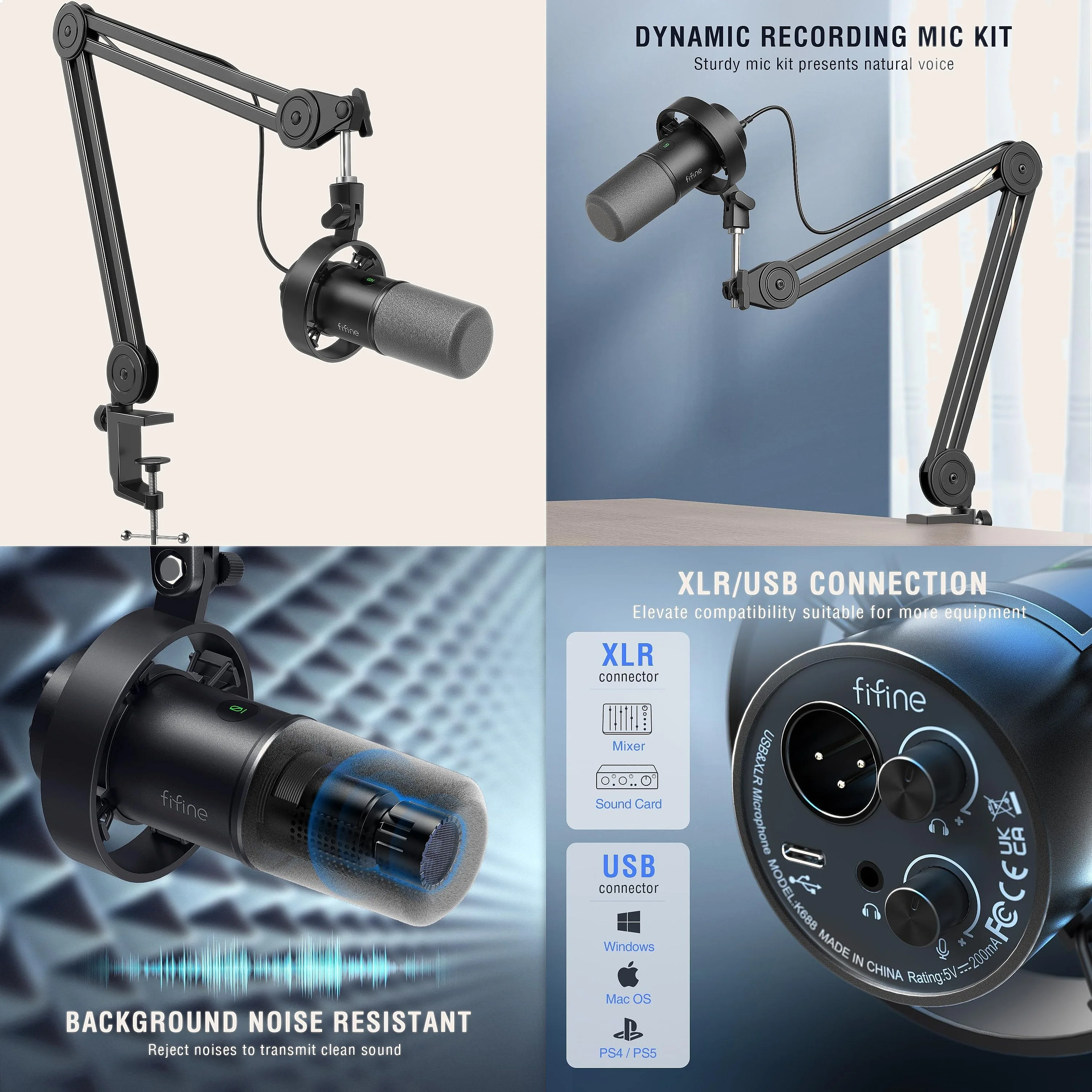 Dynamic Podcast Microphone Set with Boom Arm Stand, XLR/USB Studio Mic for Recording