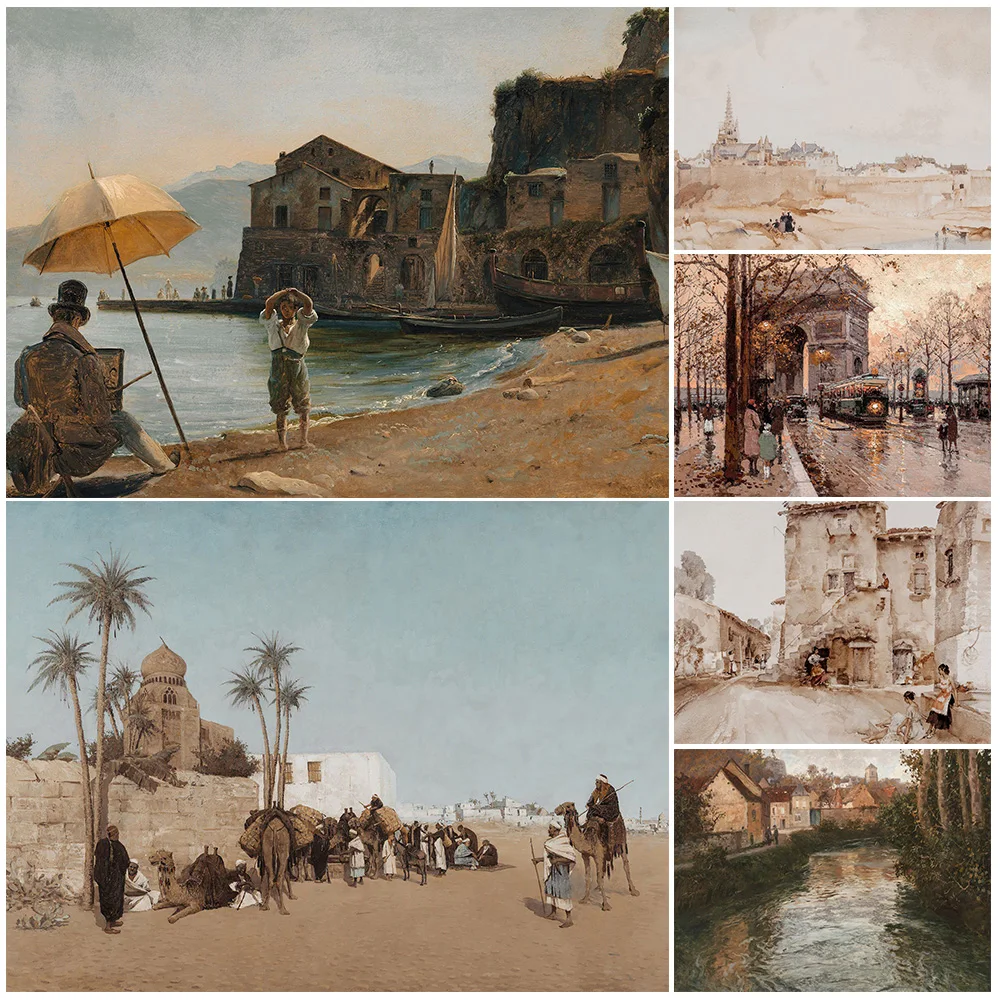 

Summer Beach,Desert,Country Farmhouse,Antique Wall Art Canvas Painting,Vintage Neutral Landscape Art Poster Print Decor Unframed