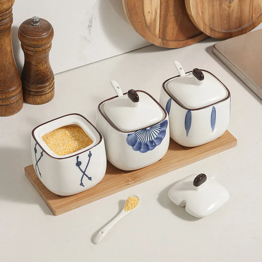 

Ceramic Seasoning Jar Set Bamboo Kitchen Condiment Container Spoons Practical Decorative Space Saving Sugar Jar