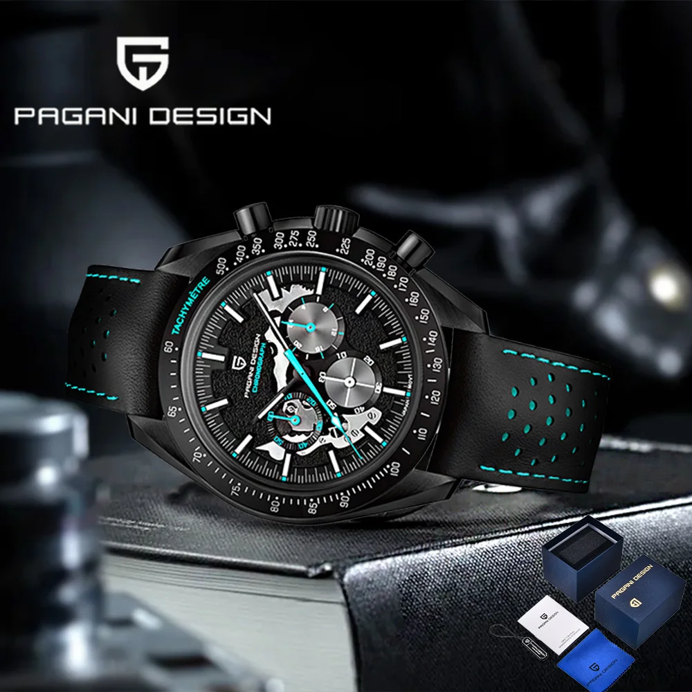 PAGANI DESIGN2026 new business men's quartz watch all black luminous stainless steel chronograph sapphire leather strap gift box
