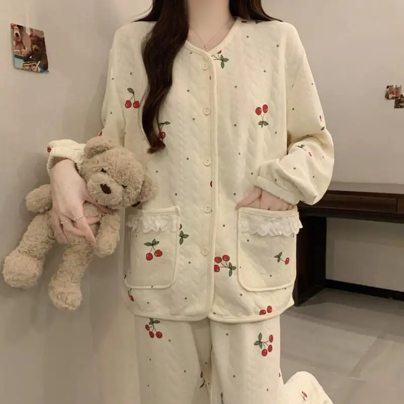 autunno inverno addensare abbigliamento da donna pigiama per il tempo libero comodo pigiama in cotone set ragazza maniche lunghe tenere al caldo il vestito homewear