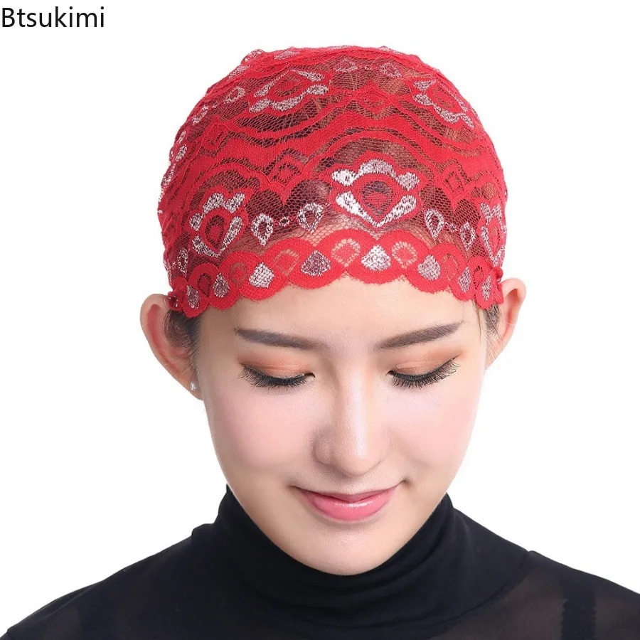 

Элегантная кружевная внутренняя шапка для мусульманских женщин, хиджабы под шарфом, капот, летние дышащие головные уборы, исламская повязка на голову, крышка от выпадения волос