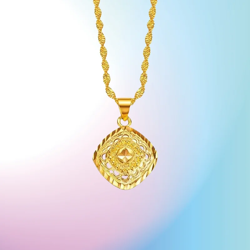 

new 9999 Real Gold 24K Temperament Women's Gold Versatile Diamond Pattern Small Square Pendant Clavicle Necklace