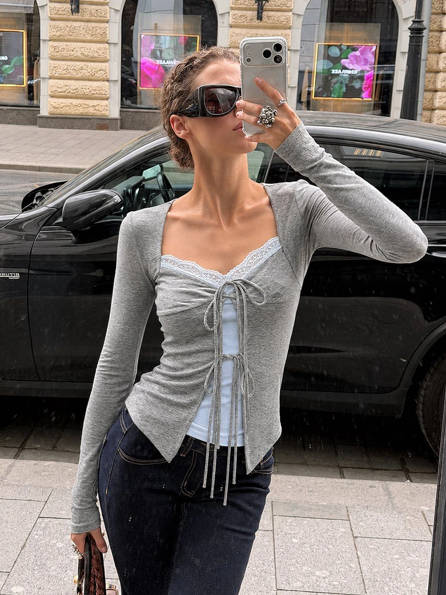 Patchwork Fake Two Pieces Long Sleeve T-shirt Woman Autumn Lace Trim V-neck Lace-up Slim Crop Top Sweet Cute Preppy Style Tees
