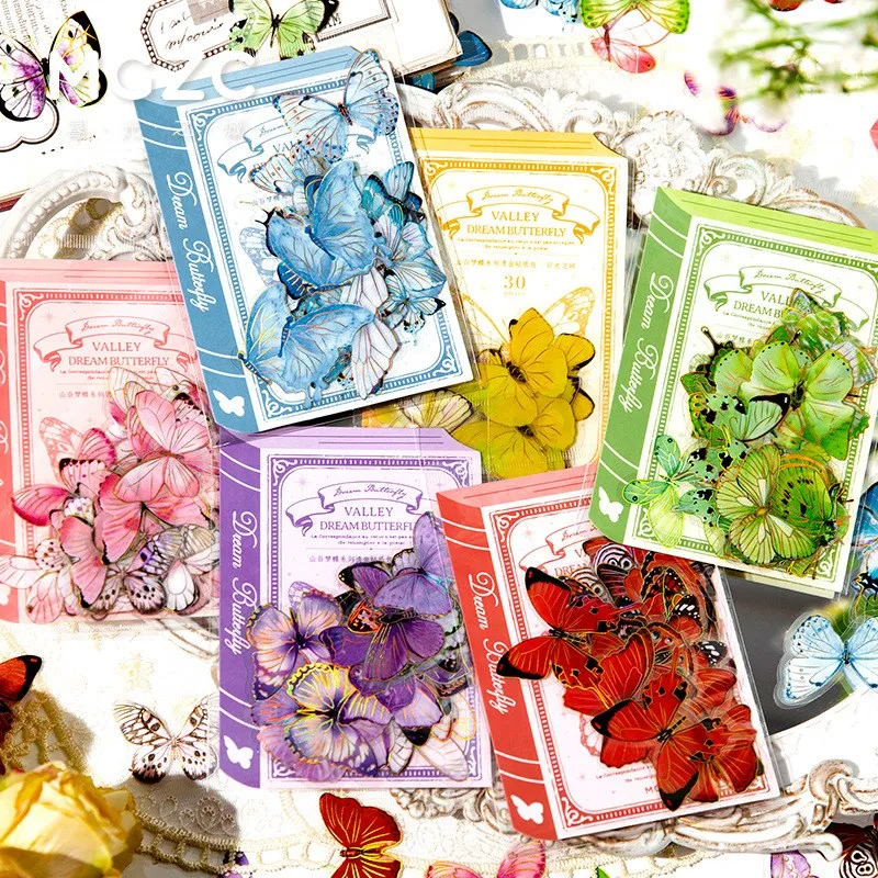 30 Pcs Valley Dream Butterfly Decorative Adhesive Sticker Craft Scrapbooking Sticker Set For Diary Album Notebook Planner