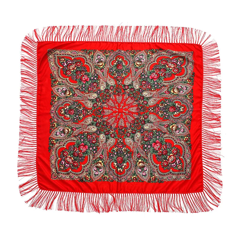 Ukrainian Embroidery Square Shawls Russian Scarf Babushka Retro Fringed Cotton Bandana Winter Scarf Woman Wrap Hijab Poncho Cape