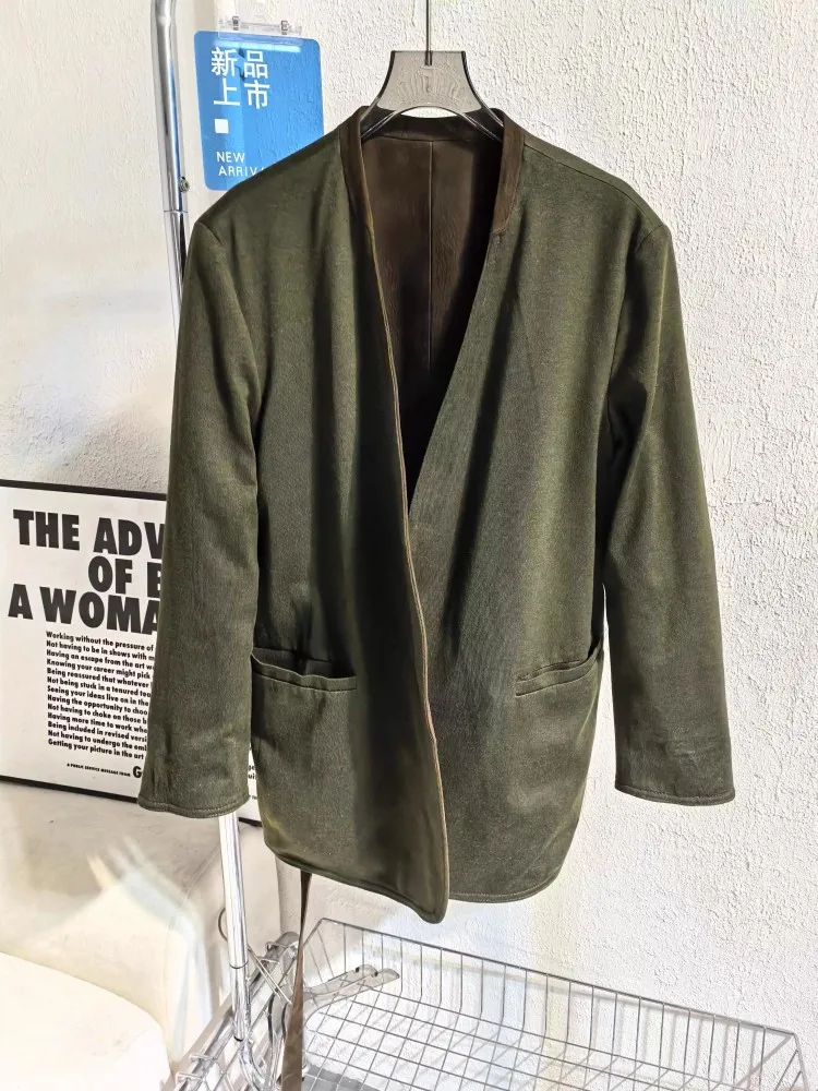 Chaqueta Vintage de cuero genuino para mujer, fajas Reversibles con cuello en V, chaquetas de traje elegantes, prendas de vestir medio largas de piel de oveja de ante de alta calidad