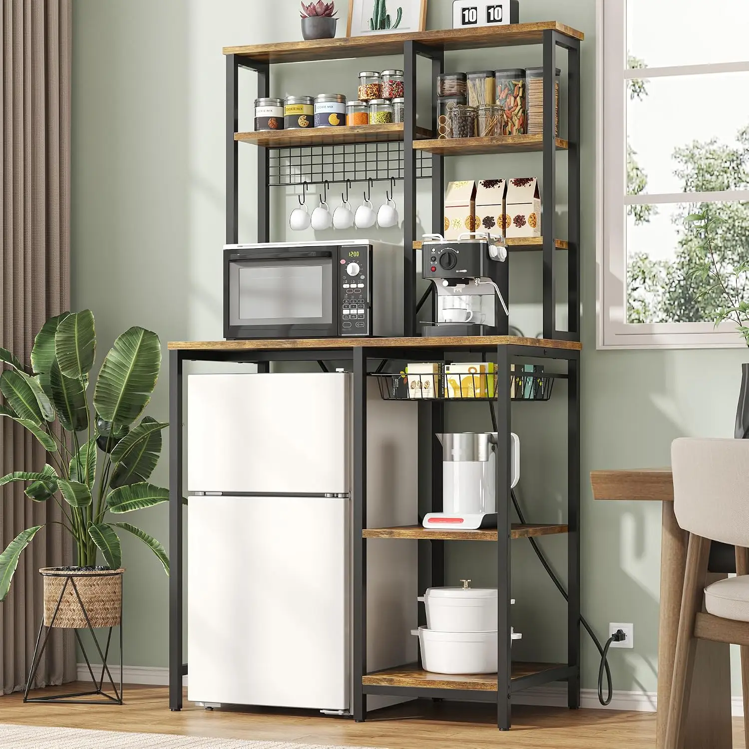 7-Tier Mini Fridge Stand with Storage, Microwave Storage Shelf with Power Outlet, Bakers Rack Stand, All in one Shelf for Dorm