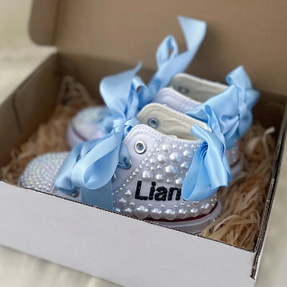 Dollbling Handmade Kids Shoes Any Name Photo Custom Design Blue Wedding Birthday Party Canvas Personalized White Pearls Sneakers