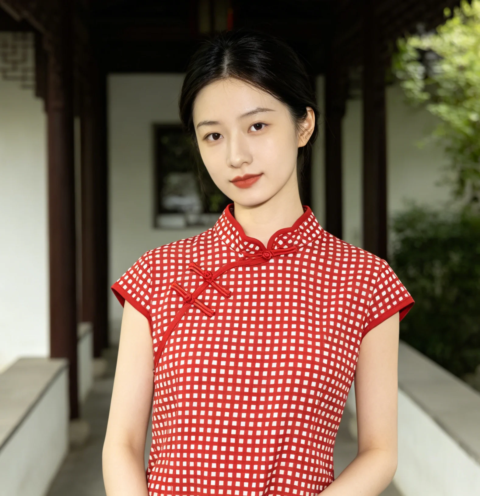 Summer Trendy New Chinese-Style Slant-Neckline Slim-Fit Figure-Lifting Plaid Colorblock Stand-Collar T-Shirt Top