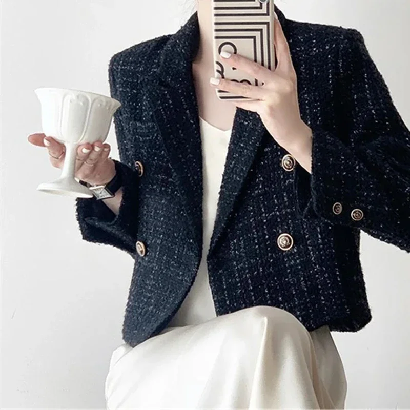 Vintage Zwarte Blazers Dames Elegant Korte Jas Koreaanse Herfst Winter Tweed Cropped Pak Tops Retro Casual Bovenkleding Nieuw