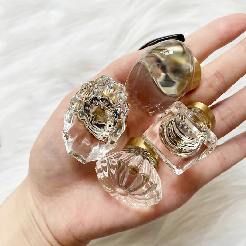 Transparent Crystal Glass Handle Gold Base Cabinet Oval Knobs Cupboard Drawer Pull Kitchen Door Wardrobe Handles Home Decoration