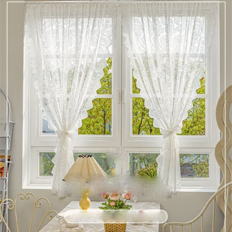 Non Punched Hook Style Curtain French White Nail Bead Lace Yarn Adhesive Curtain Screen Curtain Bedroom Window Curtain ZG924