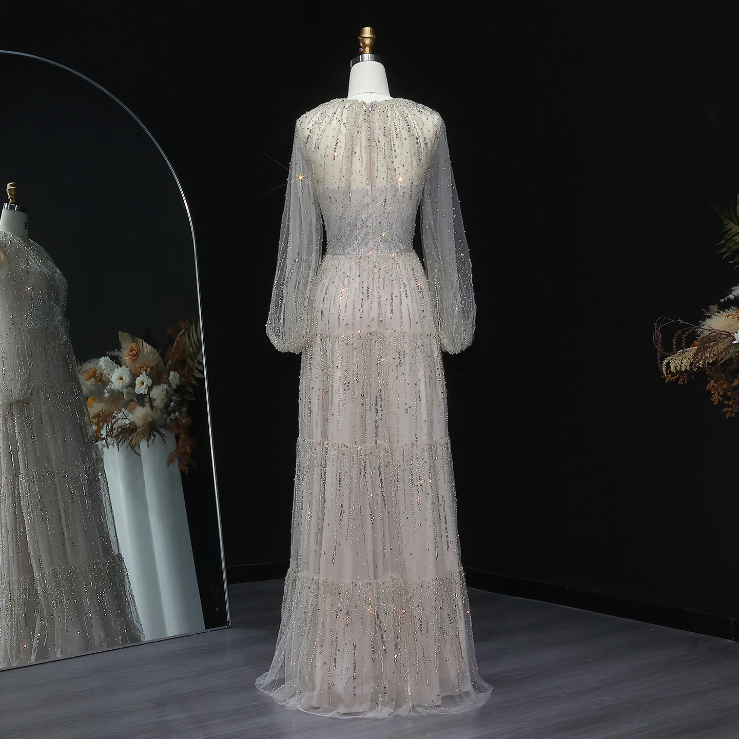 Sharon Said-vestidos de noche de manga larga, color Beige, de lujo, con volantes, vestidos formales con cuentas negras para mujer, boda SS514 personalizado