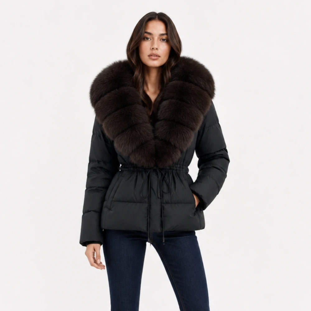 OFTBUY Jaqueta de Pele com Gola de Pele Natural, Casaco Feminino de Inverno com Capuz Quente de Pena de Pato, Casaco Feminino de Pele de Raposa, Jaqueta Puffer Feminina de Pele Natural de Guaxinim