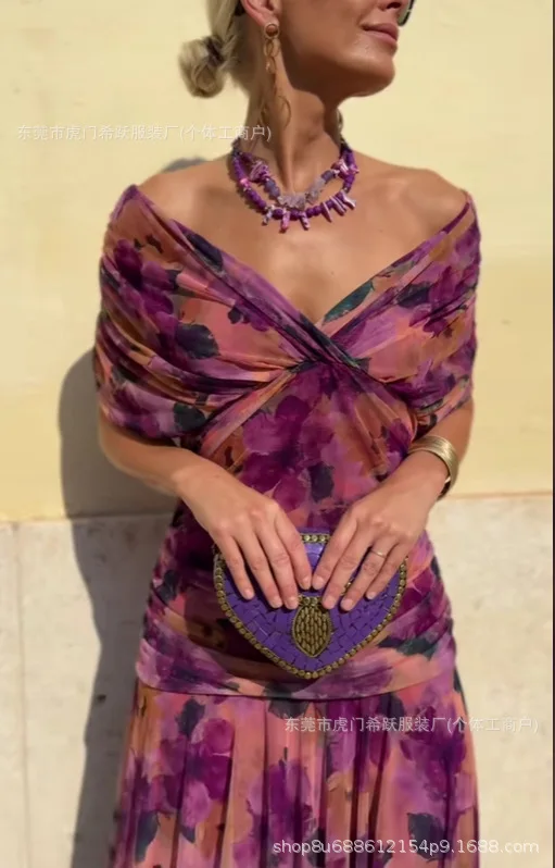 

New Printed Mesh Women's Dress Fashion V-neck Sexy Off-shoulder Pleated Tight Party Elegant Short-sleeved Bohemian Dress Vest