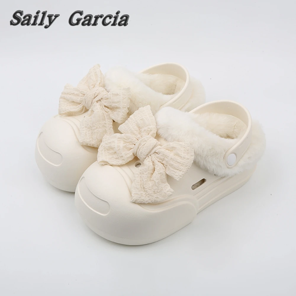 Round Toe Butterfly Knot Short Plush Slip On Slippers 2023 Winter New Fashion Smile Face Sandals Hollow Removable EVA Shoes