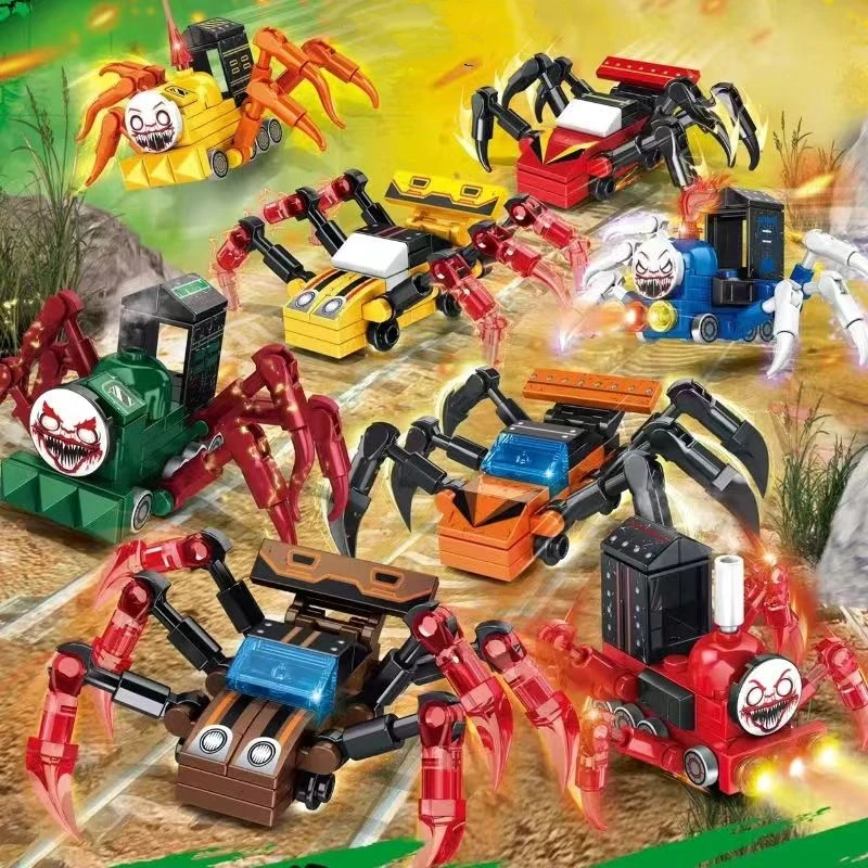 8Pcs/Set Spider Train Cartoon Monster Steam Trains Moc Game Building Blocks Choo-Choo Charles HorrorsBricks Toys for Children