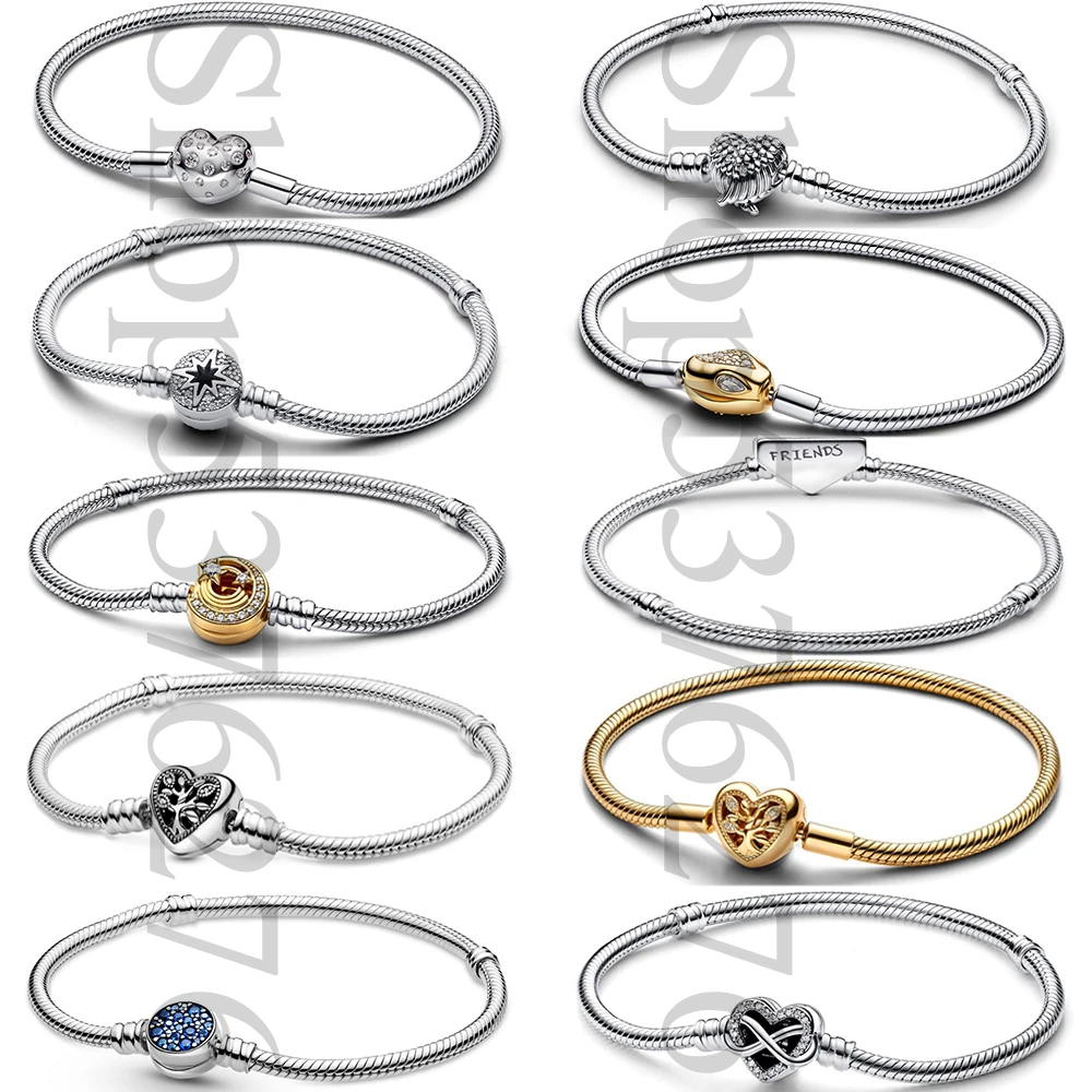 

925 Sterling Silver Moments Heart Wings North Star Clasp Fashion Snake Chain Bracelet For Women Bead Charm Gift DIY Jewelry