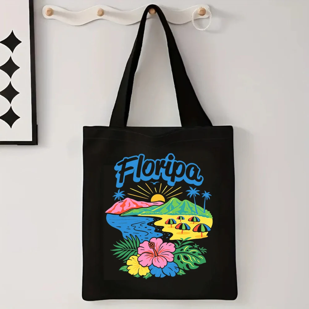 Bolsa de lona com estampa tropical de praia Floripa, bolsa de ombro colorida com tema de verão para férias