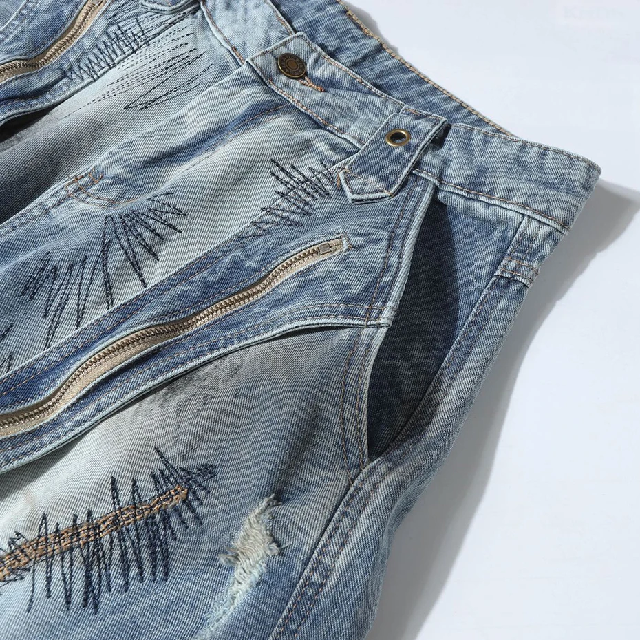 メンズファッション特大ヒップホップジーンズパンツハイストリート RO スタイルリッピングデニムパンツルーズフィット原宿 Y2K ジーンズ刺繍