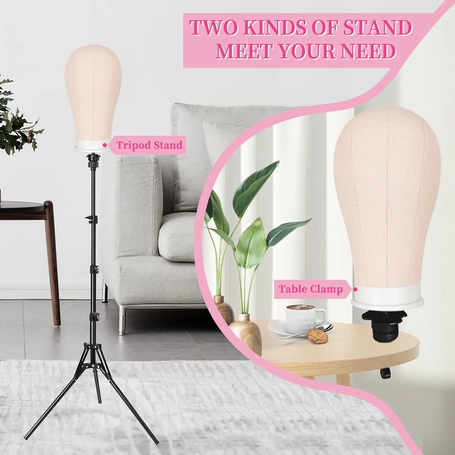 22 Inch Canvas Wig Head Mannequin Head With 63in Tripod Stand, Manikin Canvas Head Set for Wigs Making Display Styling
