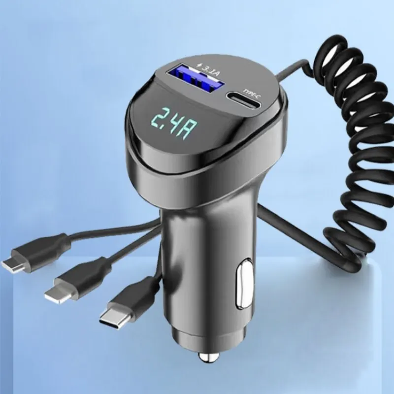 55W 2 Ports USB Fast Car Phone Charger 3.1A with Voltage Display Car Three In One USB Retractable Charging Cable