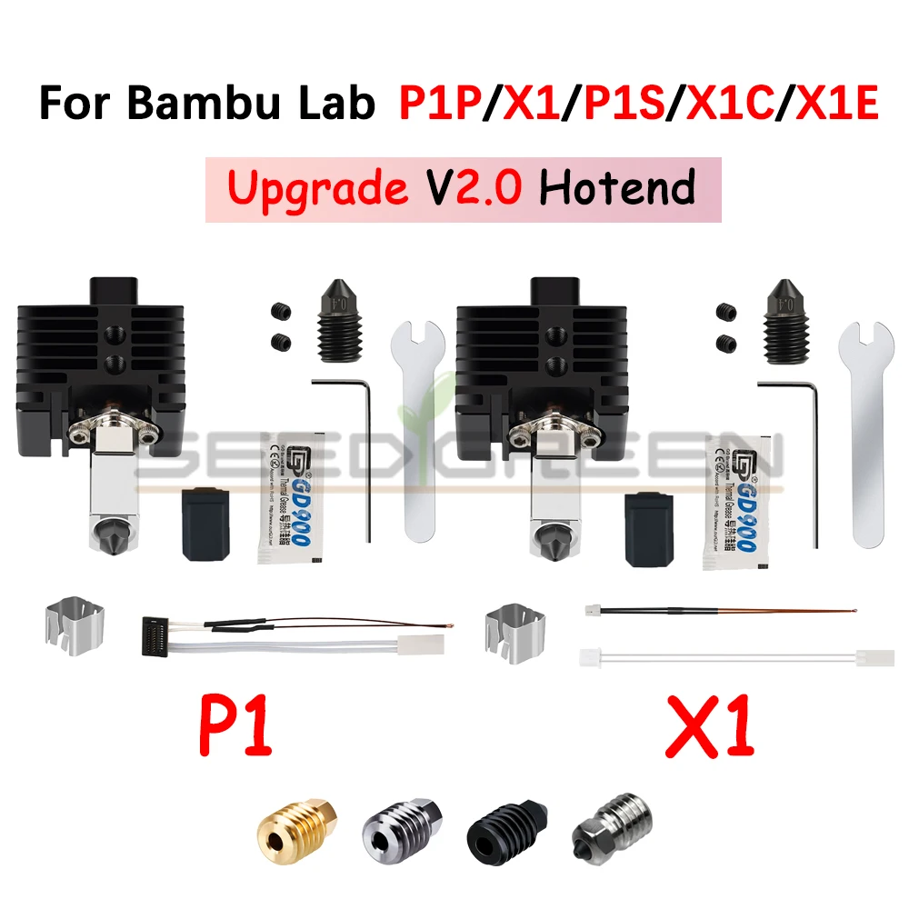For Bambu Lab P1P/P1S Hardened Brass Copper 0.2/0.4/0.6/0.8mm Nozzle Metal Hotend With Cooling Fan X1/X1C/X1E 3D Printer Upgrade