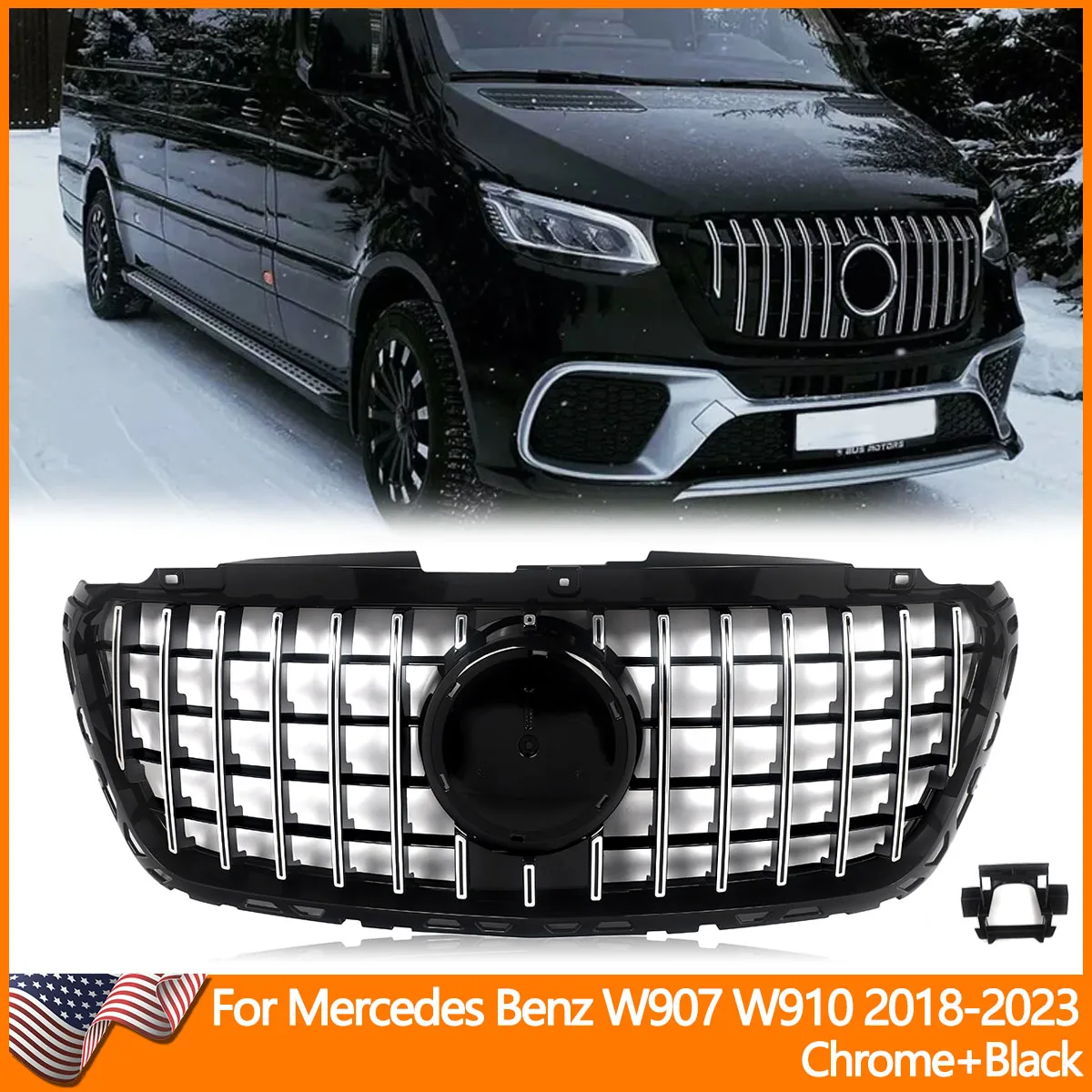 Chrome + Black GT-R Style Front Grille For Mercedes Sprinter W907 W910 2018-2023 Front Bumper Upper Grills without Camera Hole