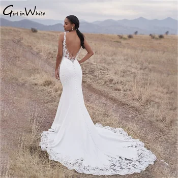 Boho-Hochzeitskleid mit V-Ausschnitt und transparenten Trägern, Meerjungfrau-Satin-Hochzeitskleid, klassisches maßgeschneidertes Kleid für die Braut, Robe de Mariage Bilbao