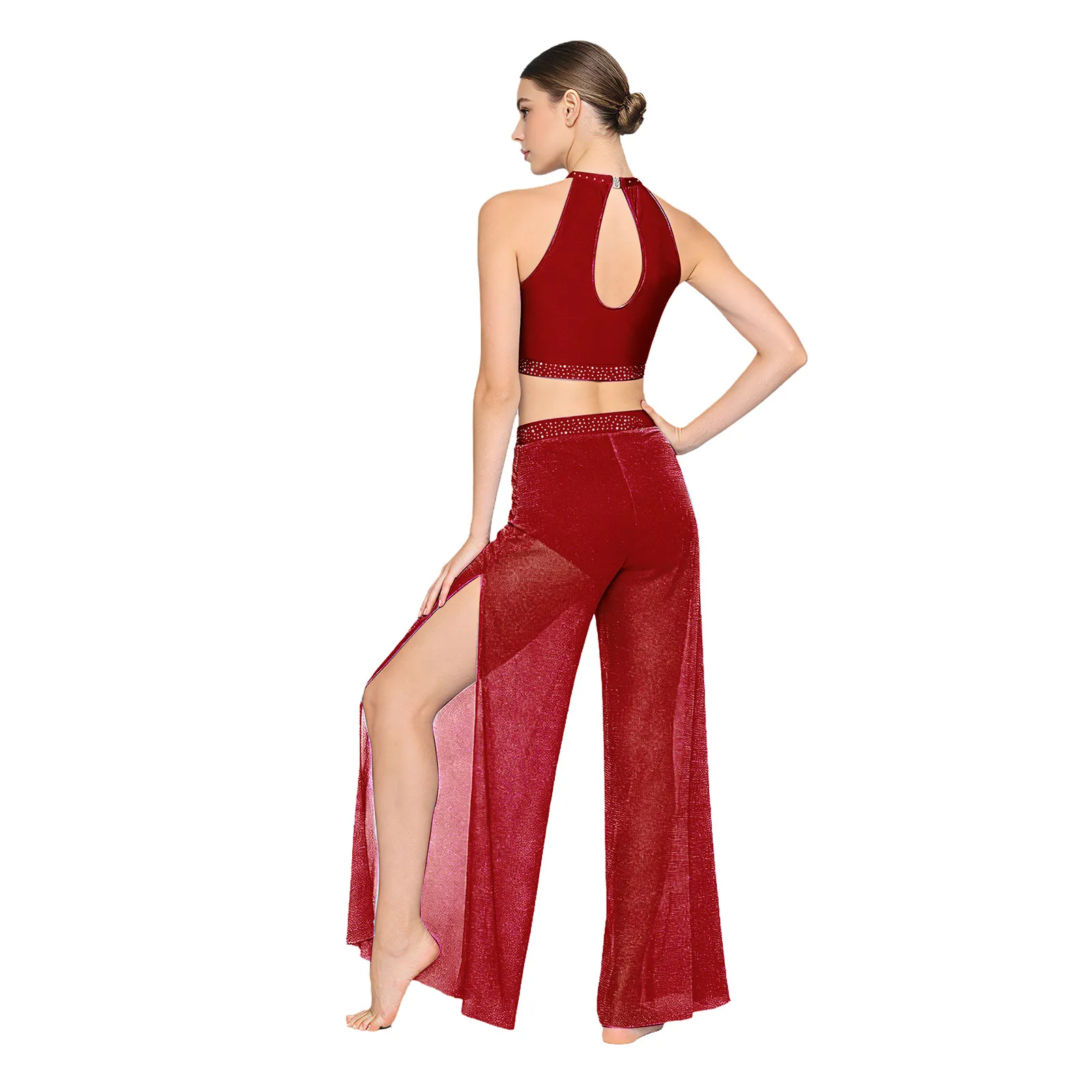Shimmery Women Figure Skating Performance Costume Sleeveless Top And Sheer Mesh Sequin Pants Outfit Gymnastic Modern Dancewear