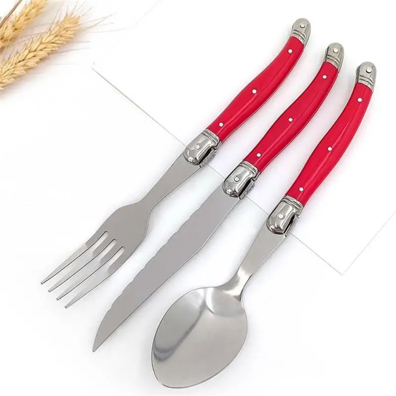 4-24pcs Rainbow Laguiole Cutlery Colorful Plastic Handle Tableware Black Steak knife Fork spoon Teaspoon Red Green Dinner set