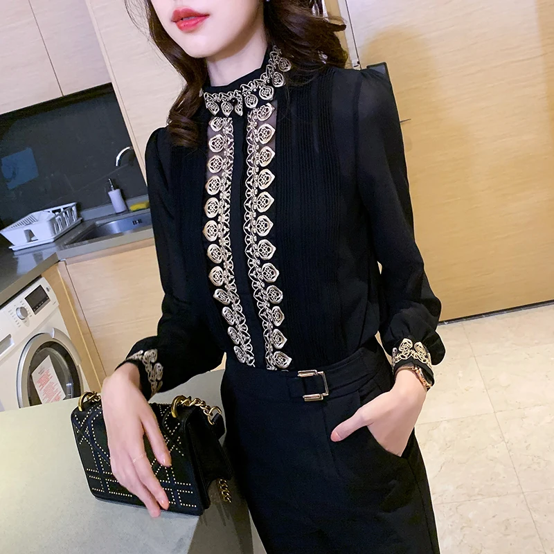 Vintage Single-breasted Chiffon blouse Autumn Spring New Elegant Embroidered Tops Stand Collar Lantern Sleeve Women Shirt