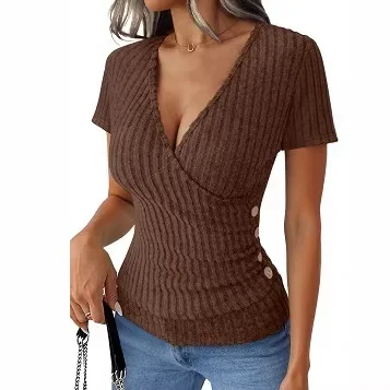 

2026 Spring and Summer Casual Fashion Elegant Temperament Pit Strip Sleeve V-neck Slim Button Short Sleeve