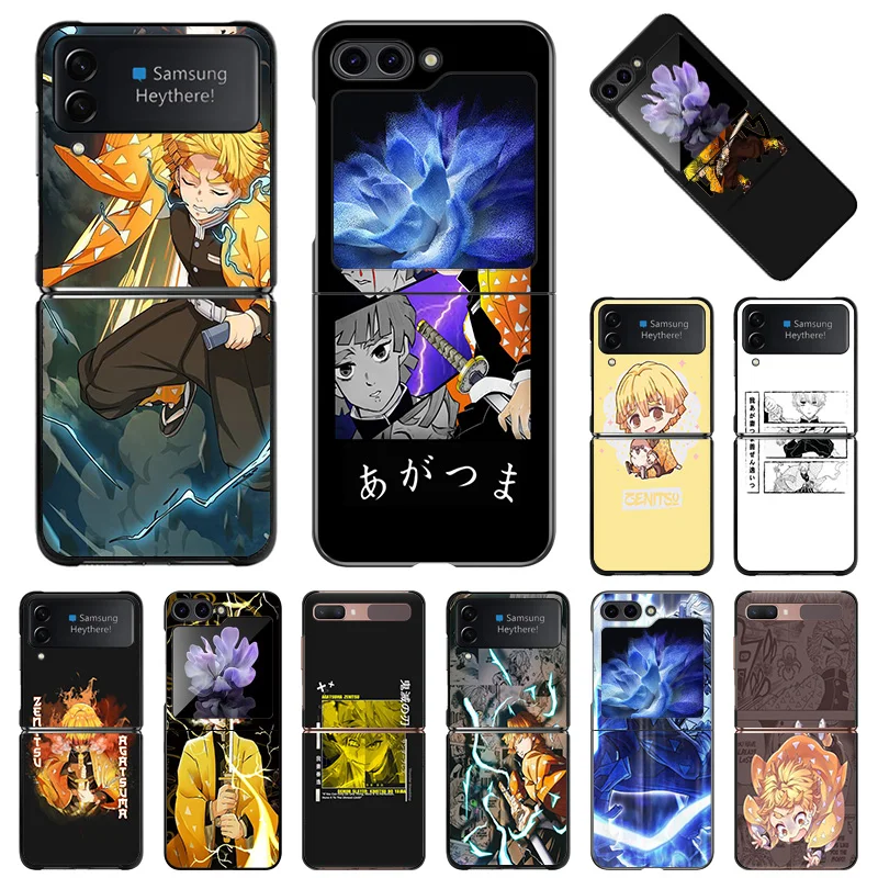 For Samsung Galaxy Z Flip6 Flip5 Flip3 Flip4 Agatsuma Zenitsu Demon Slayer Hard Black Shockproof ZFlip6 Phone Shell Case Cover