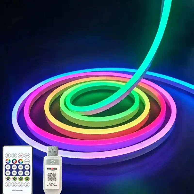 5V RGB Silicone Neon LED Strip Light with APP & 24-Key Remote, USB Powered, Music Reactive Lights for TV, Room, Desk Decoration