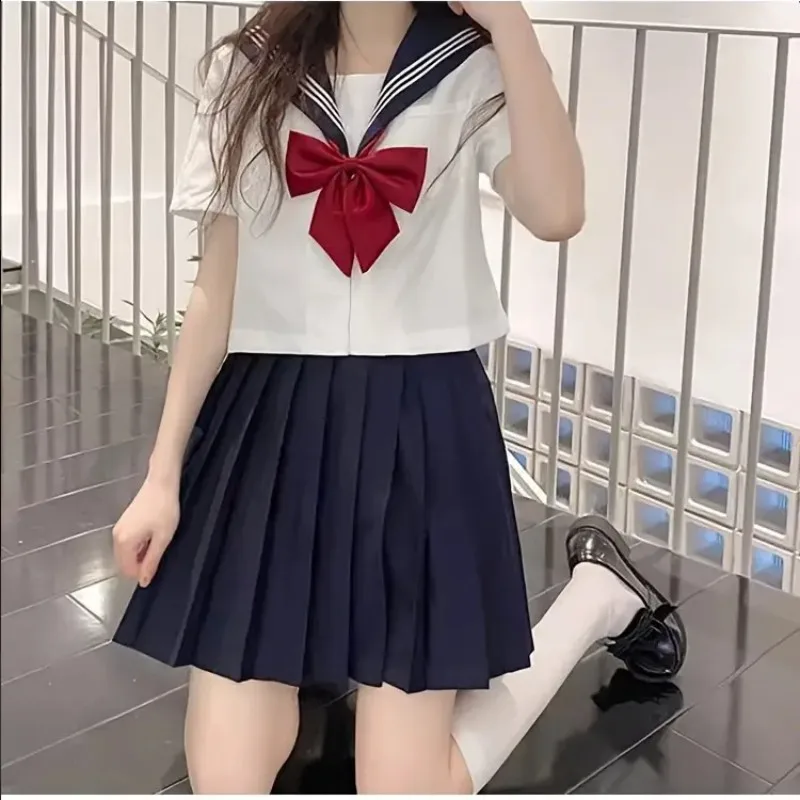 

Hot Japanese School Uniform Girl Jk Suit Sexy Spring and Autumn Red Tie White Three Basic Sailor Uniform Women Long Sleeve Suit