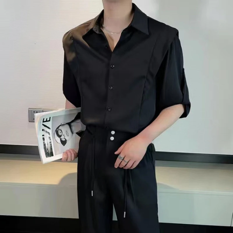 Men's Ice Silk 2 Piece Suit Set Wrinkle Free Short Sleeve Shirt & High Waist Drawstring Pants Business Casual Outfits